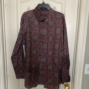 Red and Blue Dress Shirt with Intricate Patterns